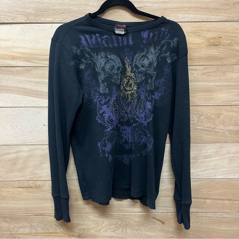 Miami ink vintage cyber Y2K grunge emo skull waffle knit black long sleeve